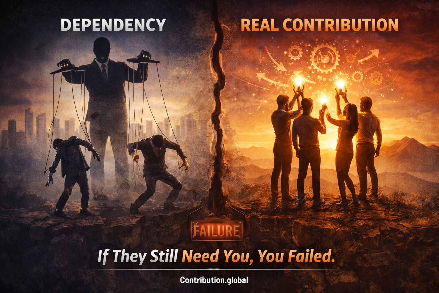 Person standing alone on mountain peak after empowering others to climb independently - visual metaphor for contribution making you obsolete through capability transfer